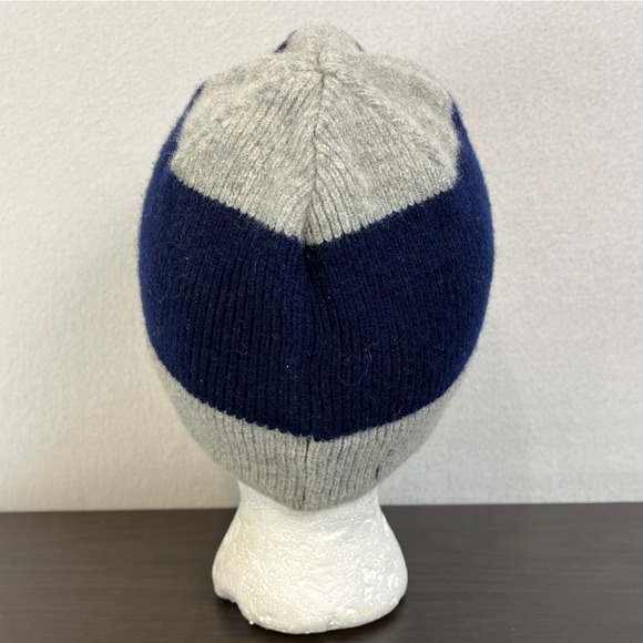 Vintage Striped Beanie Hat Navy Blue Gray 100% Wool Adult One Size Toque - Picture 5 of 8